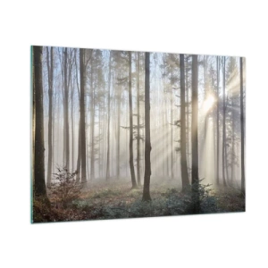 Glasbild - Bild auf glas - Morgensonnenstrahlen durchdringen den nebligen Wald - 100x70cm - Der Nebel ist auch aufgewacht - Moderne Wanddekoration für Wohnzimmer und Schlafzimmer ARTTOR