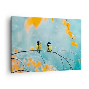 Bild auf Leinwand - Leinwandbild - Zwei Vögel auf einem Ast in einer Winterlandschaft mit gelben Blättern. - 70x50cm - Vogelklatsch - Moderne Wanddekoration für Wohnzimmer und Schlafzimmer ARTTOR