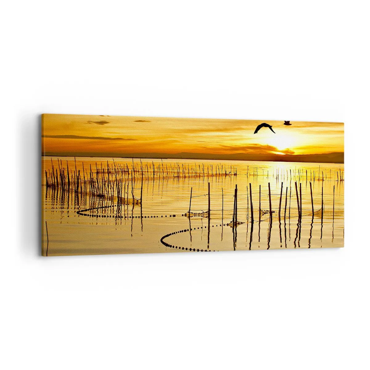 Bild auf Leinwand - Leinwandbild - Sonnenuntergang über dem Wasser mit Vögeln im Flug - 120x50cm - In der Fischerei - Moderne Wanddekoration für Wohnzimmer und Schlafzimmer ARTTOR