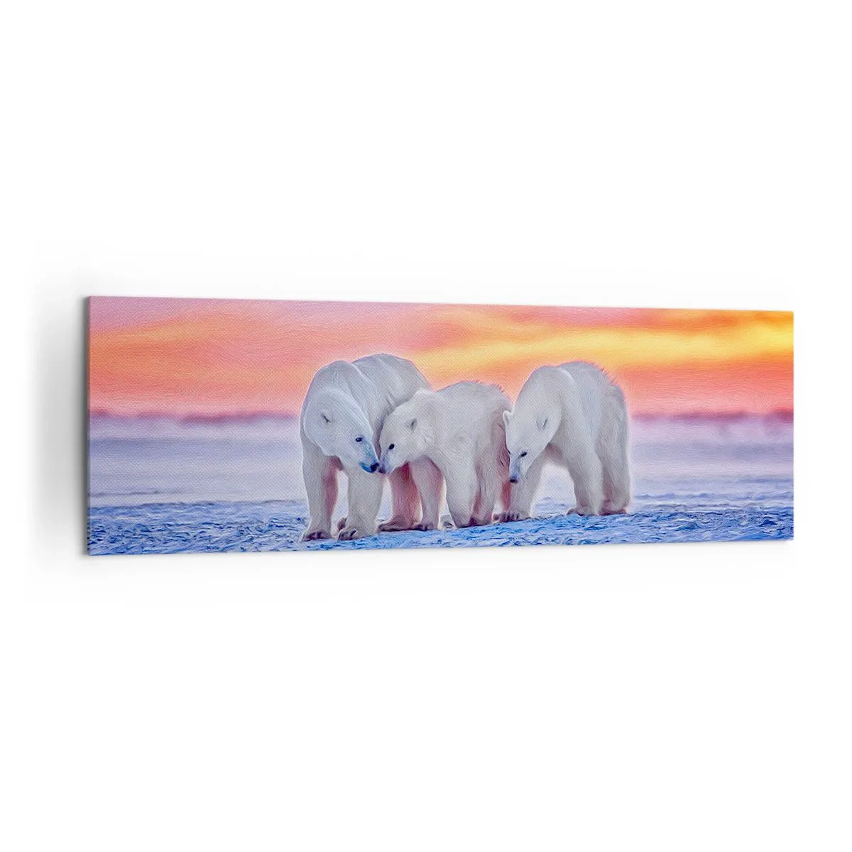 Bild auf Leinwand - Leinwandbild - Drei Eisbären vor dem Hintergrund eines arktischen Sonnenuntergangs - 160x50cm - Familienwärme ist genug - Moderne Wanddekoration für Wohnzimmer und Schlafzimmer ARTTOR
