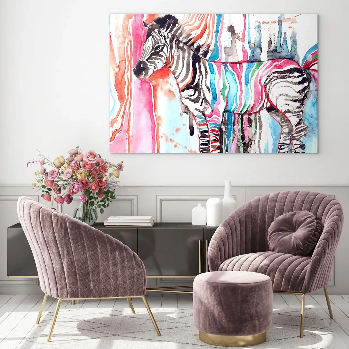 Glasbild - Bild auf glas - Buntes Zebra im Aquarellstil - 100x70cm - Unbeschwerter Witz der Natur - Moderne Wanddekoration für Wohnzimmer und Schlafzimmer ARTTOR