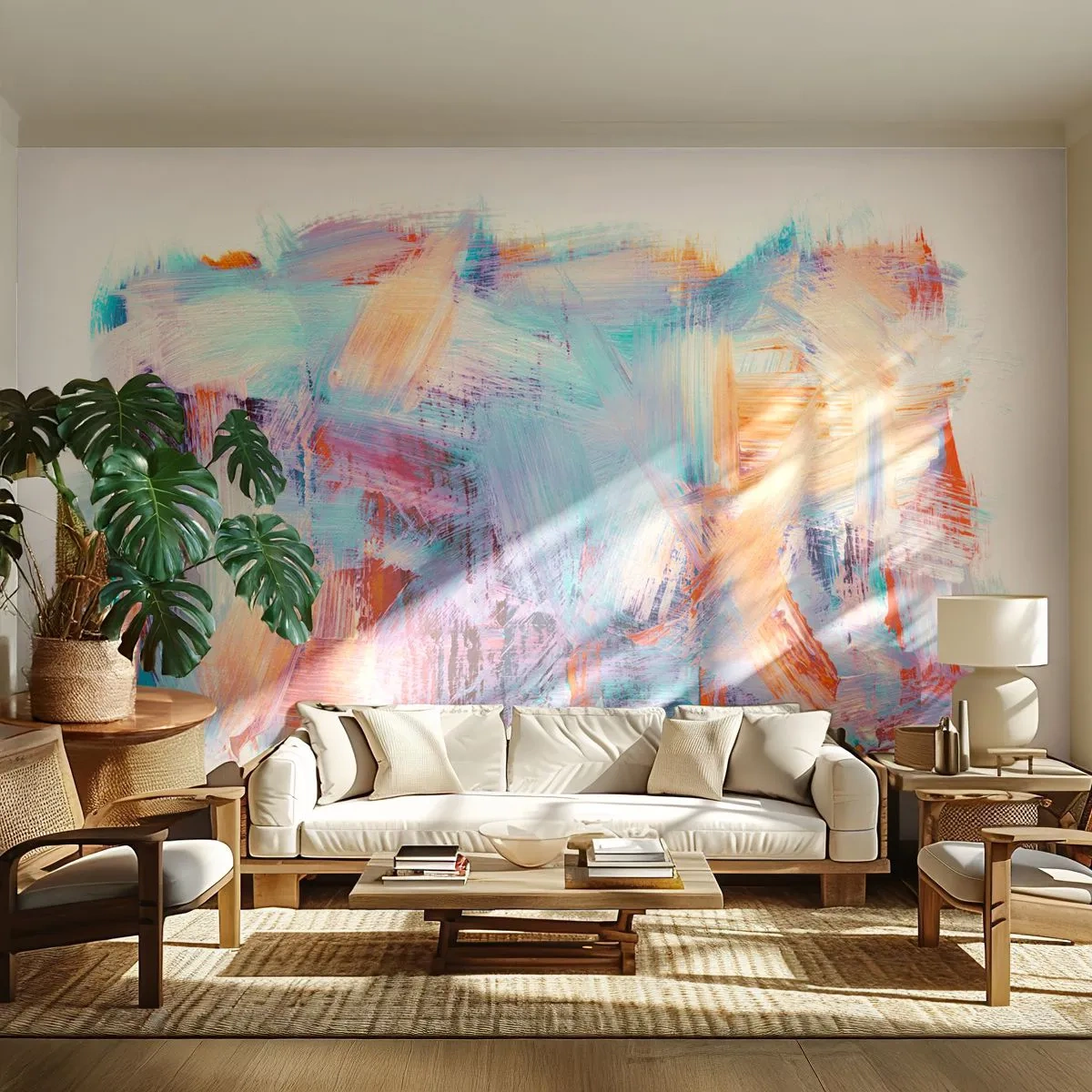 Fototapete Premium Canvas - Bunte Pinselstriche in einer abstrakten Komposition - 100x70cm - Buntes Durcheinander - Moderne Wanddekoration für Wohnzimmer und Schlafzimmer ARTTOR