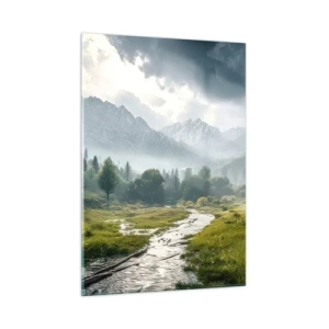 Glasbild - Bild auf glas - Eine Berglandschaft mit einem Bach und einem grünen Tal am Morgen - 50x70cm - Hin und zurück - Moderne Wanddekoration für Wohnzimmer und Schlafzimmer ARTTOR