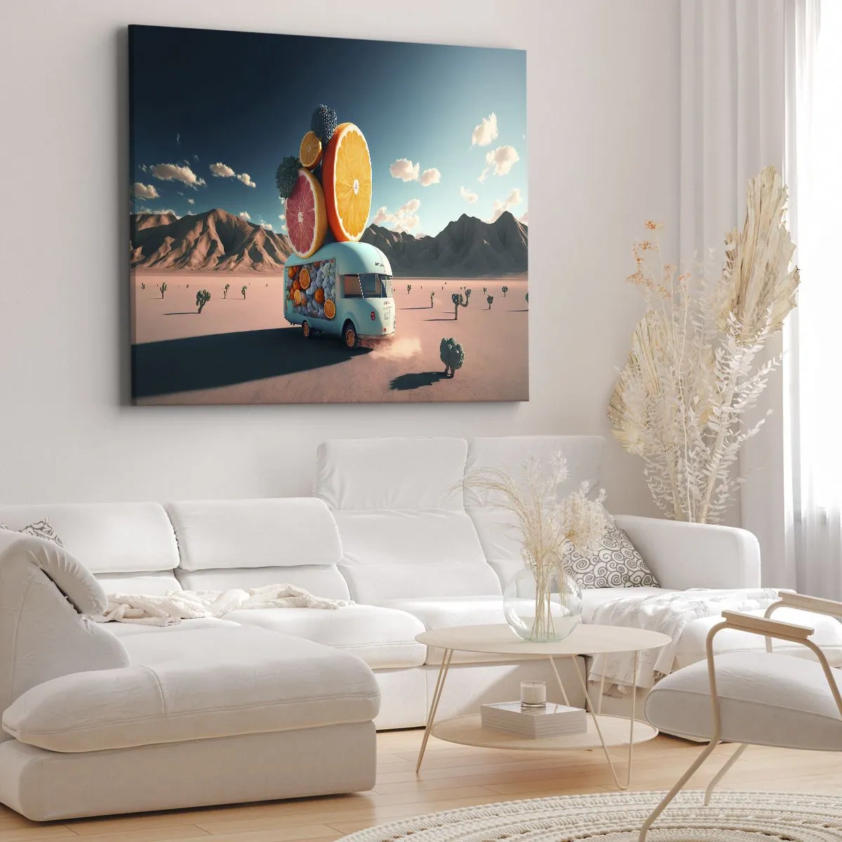 Bild auf Leinwand - Leinwandbild - Obstwagen in einer Wüstenlandschaft - 120x80cm - Geschmack von Urlaub - Moderne Wanddekoration für Wohnzimmer und Schlafzimmer ARTTOR