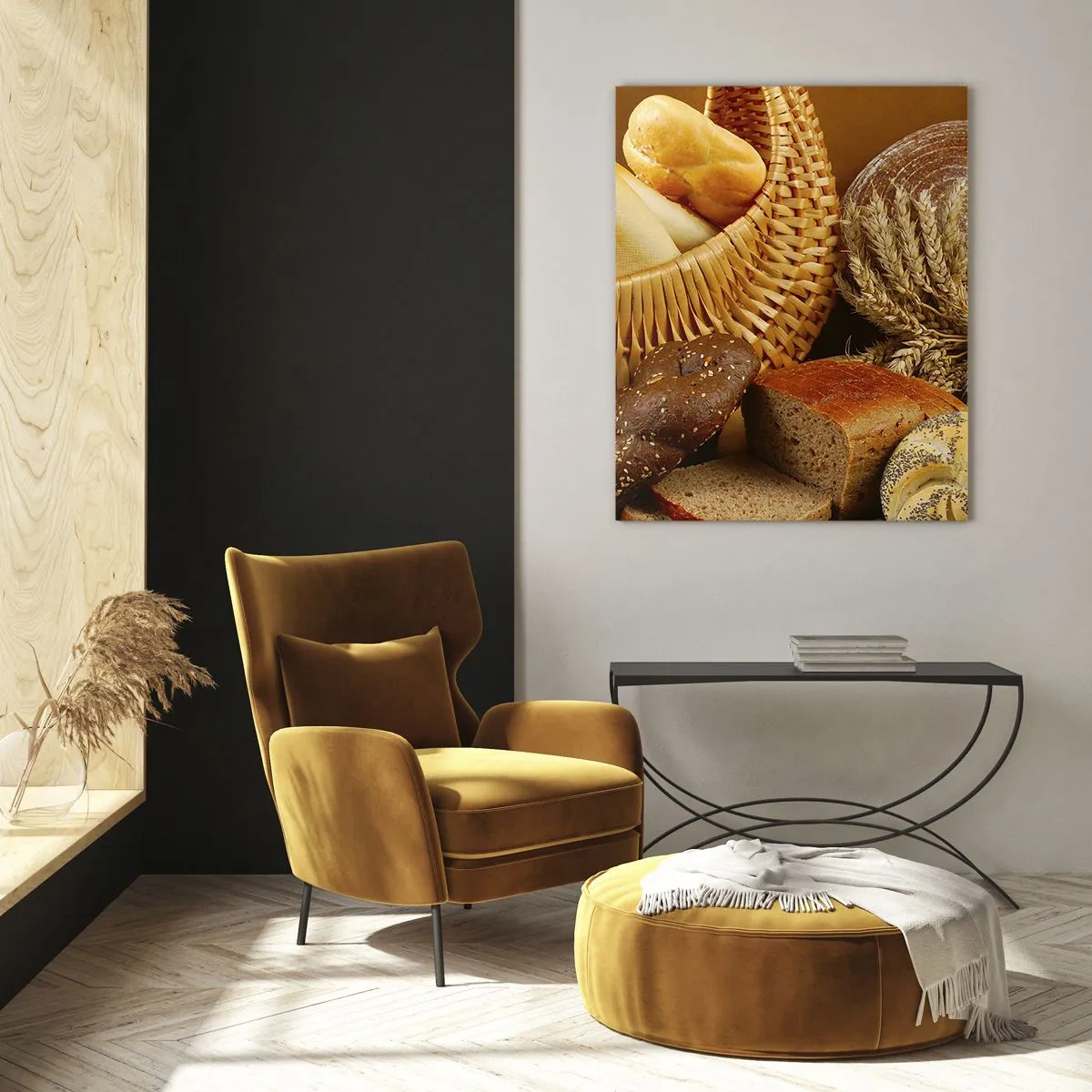 Glasbild - Bild auf glas - Ein Korb mit Brot und Laiben vor dem Hintergrund von Ähren - 50x70cm - Wir sind wieder davongekommen - Moderne Wanddekoration für Wohnzimmer und Schlafzimmer ARTTOR