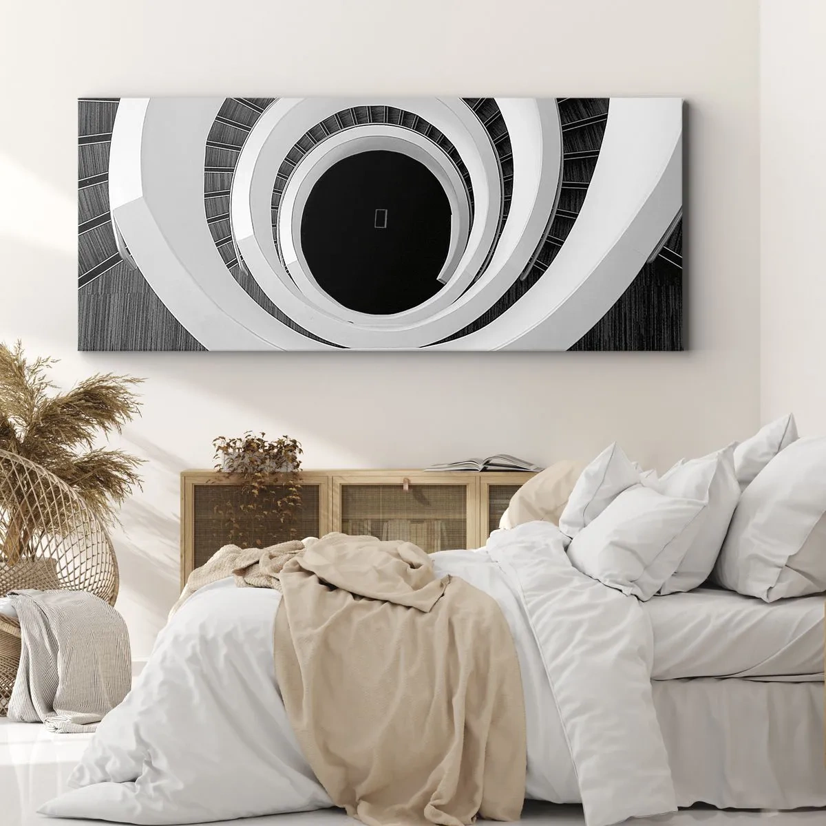 Bild auf Leinwand - Leinwandbild - Schwarz-weiße Wendeltreppe im modernen Stil - 160x50cm - Zum Kern der Sache - Moderne Wanddekoration für Wohnzimmer und Schlafzimmer ARTTOR