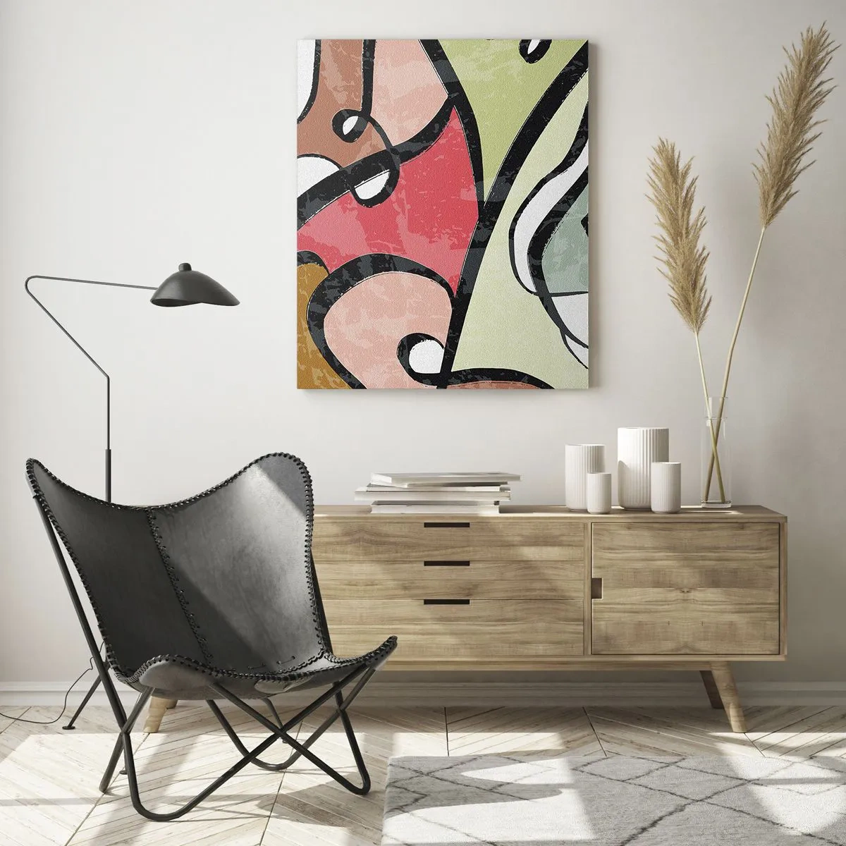 Glasbild - Bild auf glas - Bunte abstrakte Formen mit schwarzen Linien - 80x120cm - Pirouetten unter Farben - Moderne Wanddekoration für Wohnzimmer und Schlafzimmer ARTTOR