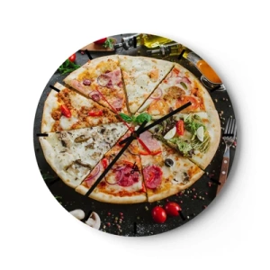 Wanduhr - Glasuhr - Appetitliche Pizza mit verschiedenen Belägen auf schwarzem Hintergrund - 30x30cm - Eine Reihe von Geschmacksrichtungen - Moderne Wanddekoration für Wohnzimmer, Küche und Schlafzimmer ARTTOR