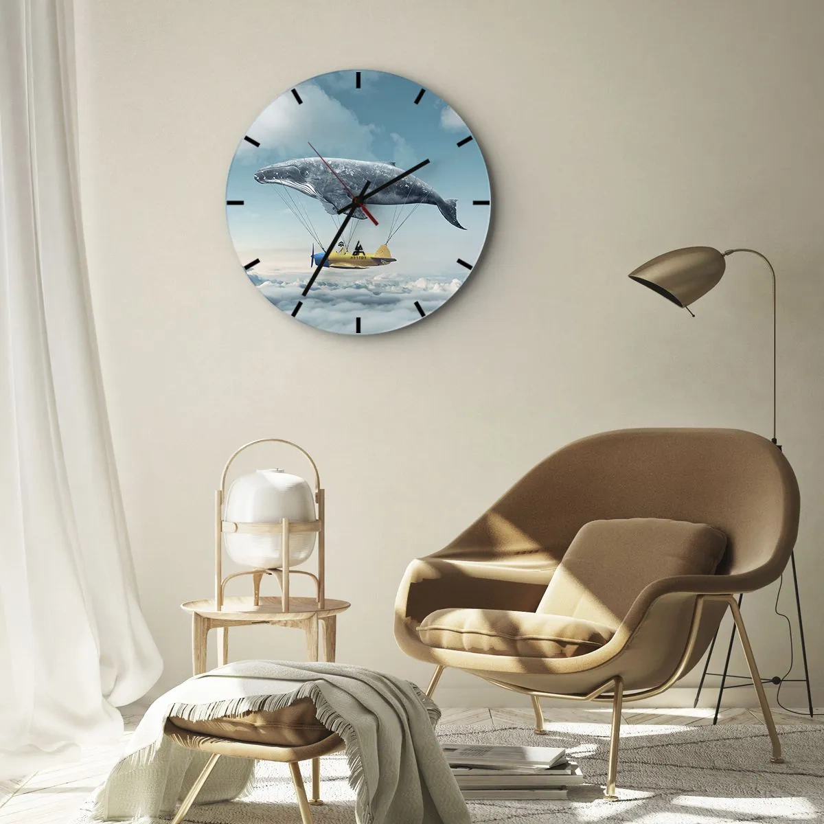 Wanduhr - Glasuhr - Ein fliegender Wal, der ein Flugzeug über die Wolken hebt - 30x30cm - Warum nicht? - Moderne Wanddekoration für Wohnzimmer, Küche und Schlafzimmer ARTTOR