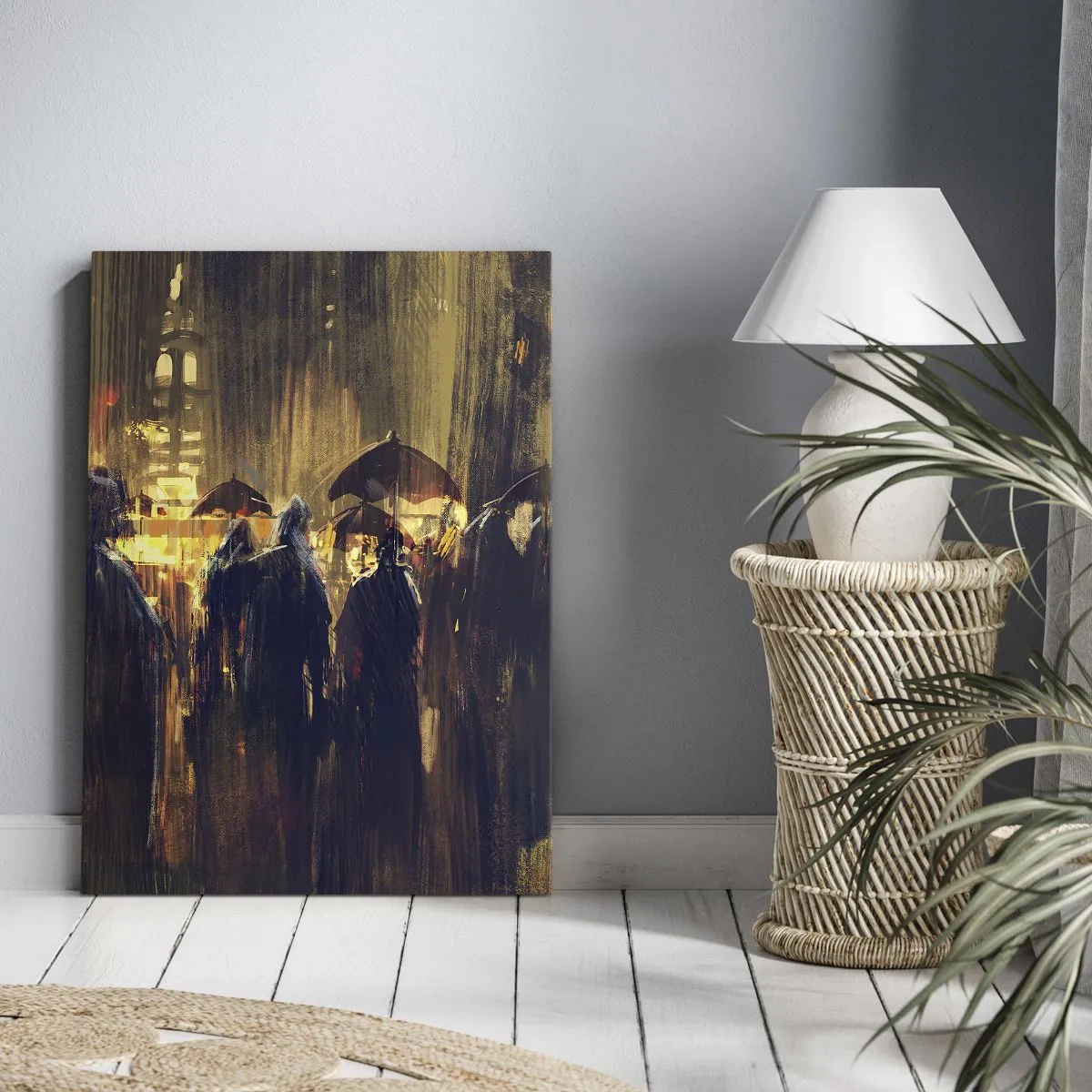 Bild auf Leinwand - Leinwandbild - Figuren mit Regenschirmen in einer verregneten Stadt bei Nacht - 50x70cm - Anhänger des Regens - Moderne Wanddekoration für Wohnzimmer und Schlafzimmer ARTTOR