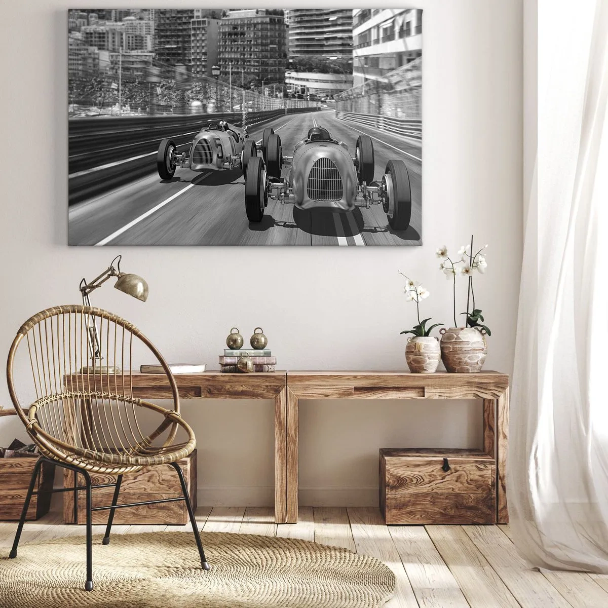 Bild auf Leinwand - Leinwandbild - Monochrome Retro-Autorennen-Szene - 70x50cm - Vor langer Zeit in Monte Carlo - Moderne Wanddekoration für Wohnzimmer und Schlafzimmer ARTTOR
