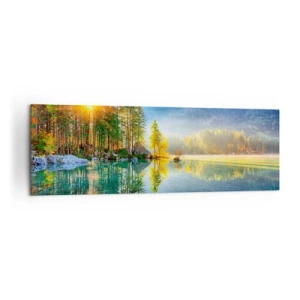 Bild auf Leinwand - Leinwandbild - Ein See, umgeben von Bergen und Wäldern in den Strahlen der Sonne - 160x50cm - Majestät und Süße - Moderne Wanddekoration für Wohnzimmer und Schlafzimmer ARTTOR