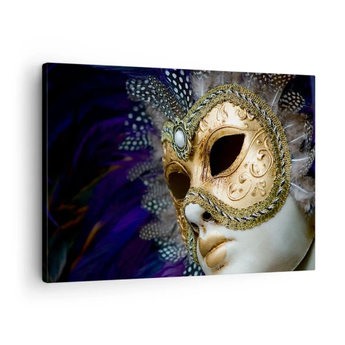 Bild auf Leinwand - Leinwandbild - Goldene venezianische Maske mit dekorativen Federn und Ornamenten - 70x50cm - Venezianisches Porträt in Gold - Moderne Wanddekoration für Wohnzimmer und Schlafzimmer ARTTOR