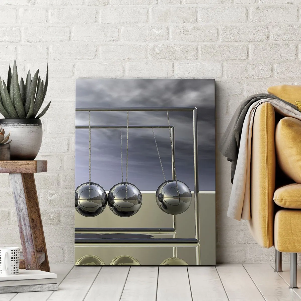 Bild auf Leinwand - Leinwandbild - Newtons Kugeln in minimalistischem Ambiente mit Lichtreflexen - 50x70cm - Die Energie der Welt - Moderne Wanddekoration für Wohnzimmer und Schlafzimmer ARTTOR