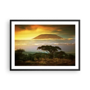 Poster in einem schwarzem Rahmen - Afrikanische Landschaft mit Kilimandscharo bei Sonnenaufgang - 70x50cm - Ein Reisetraum - Moderne Wanddekoration für Wohnzimmer und Schlafzimmer ARTTOR