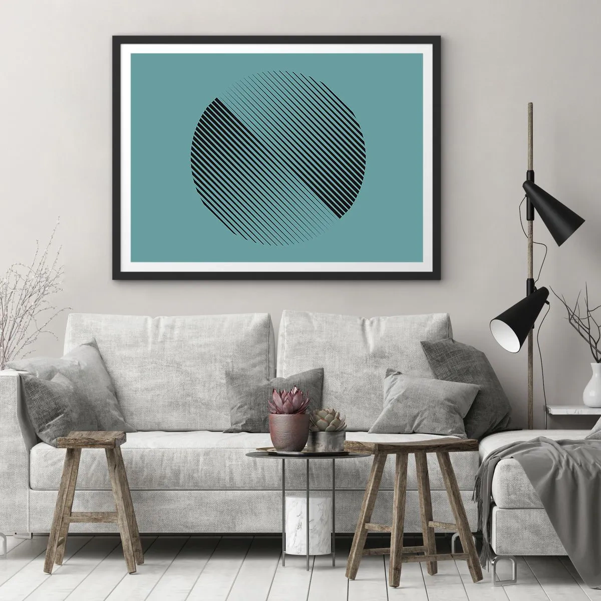Poster in einem schwarzem Rahmen - Ein minimalistischer Kreis mit Linien auf türkisfarbenem Hintergrund. - 70x50cm - Kreis – eine geometrische Variante - Moderne Wanddekoration für Wohnzimmer und Schlafzimmer ARTTOR