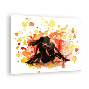 Glasbild - Bild auf glas - Silhouette eines Paares vor einem Hintergrund aus bunten Aquarellflecken - 70x50cm - Und es war Licht - Moderne Wanddekoration für Wohnzimmer und Schlafzimmer ARTTOR