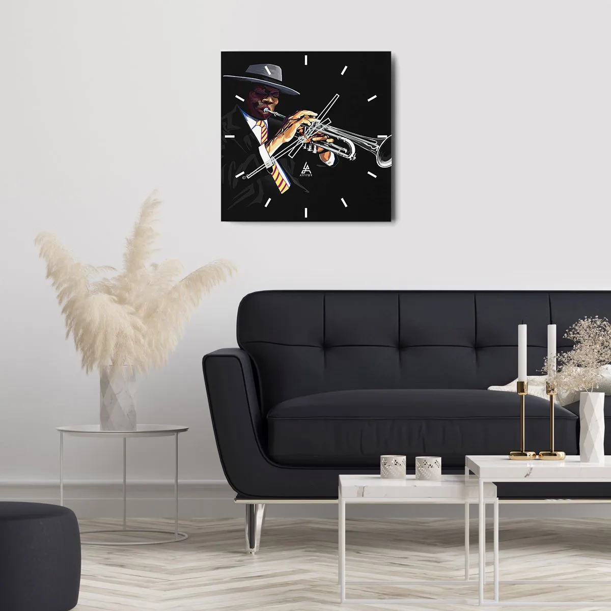 Wanduhr - Glasuhr - Ein Musiker spielt Trompete vor schwarzem Hintergrund - 30x30cm - Charme der alten Schule - Moderne Wanddekoration für Wohnzimmer und Schlafzimmer ARTTOR
