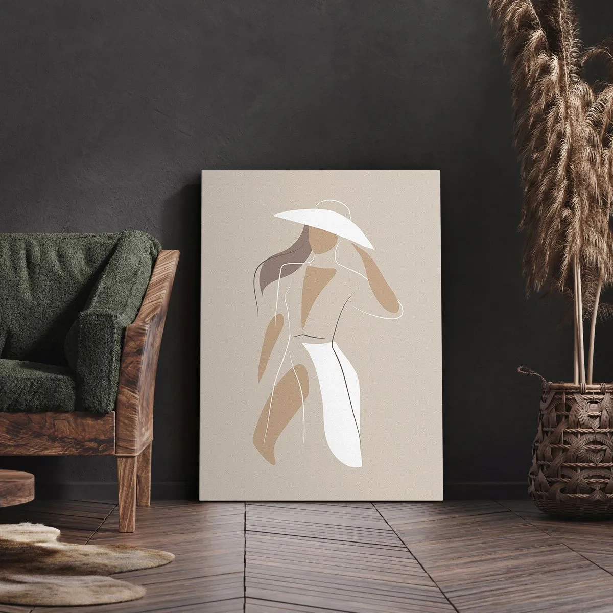 Bild auf Leinwand - Leinwandbild - Eine minimalistische Zeichnung einer Frau mit Hut auf beigem Hintergrund. - 80x120cm - Mode macht Spaß - Moderne Wanddekoration für Wohnzimmer und Schlafzimmer ARTTOR