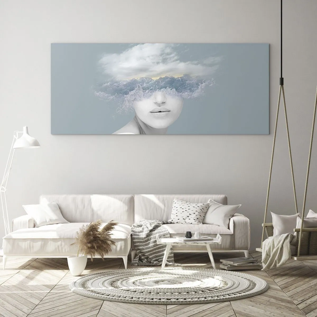 Glasbild - Bild auf glas - Porträt einer Frau, deren Gesicht hinter Wolken und Wellen verborgen ist - 140x50cm - Mit dem Kopf in den Wolken - Moderne Wanddekoration für Wohnzimmer und Schlafzimmer ARTTOR