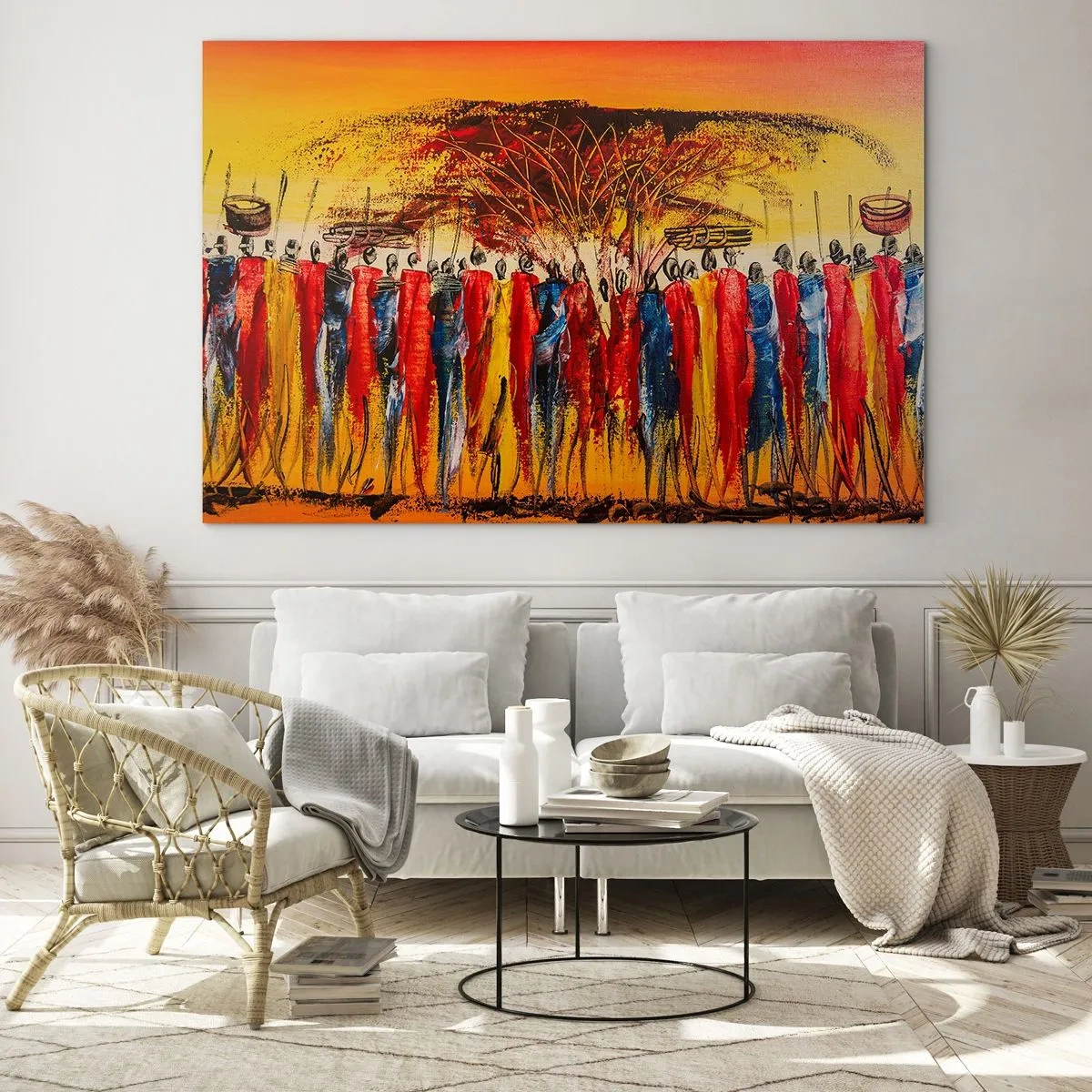 Glasbild - Bild auf glas - Eine farbenfrohe Szene mit Menschen in traditionellen afrikanischen Kostümen - 70x50cm - Dort, dort, dort gehen sie - Moderne Wanddekoration für Wohnzimmer und Schlafzimmer ARTTOR