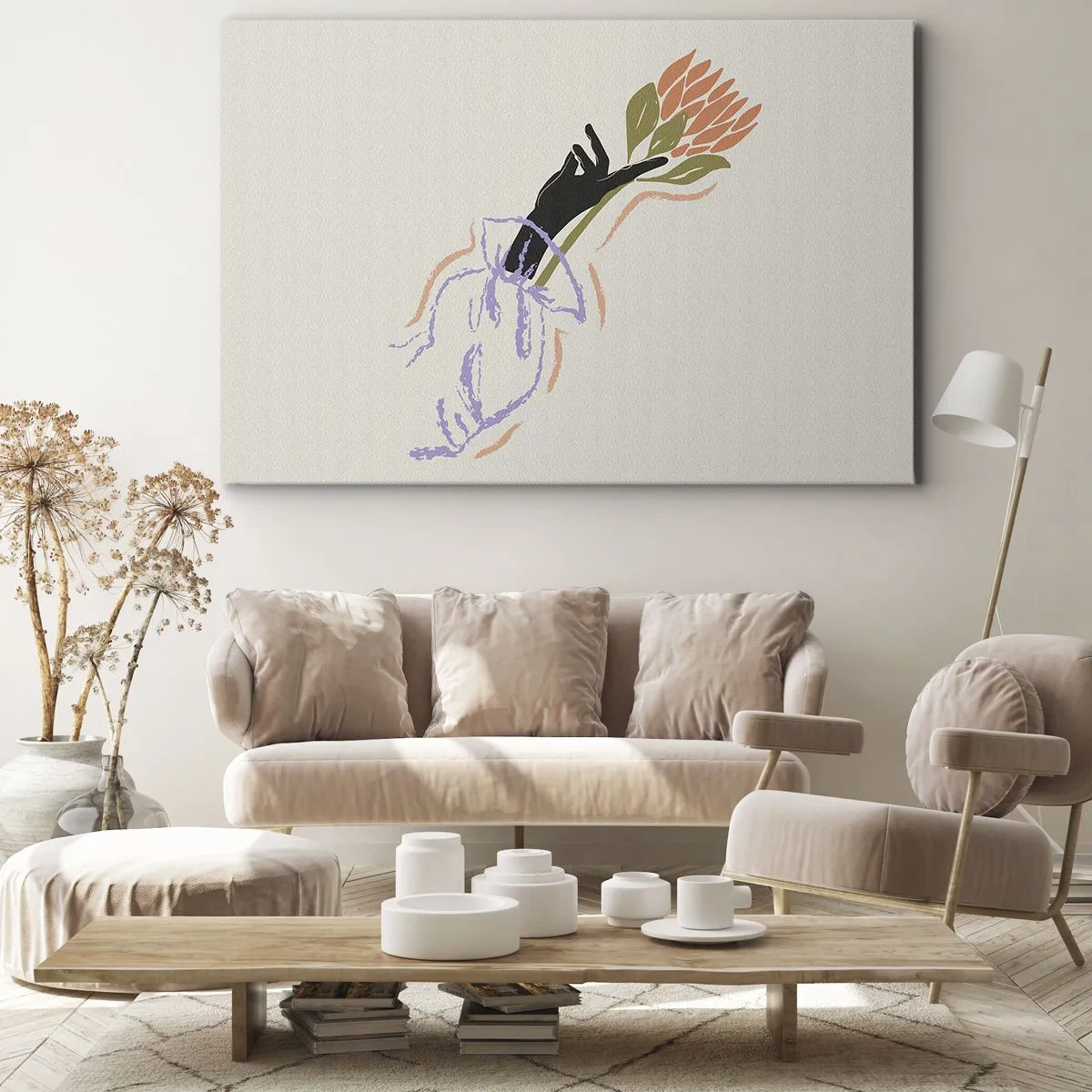 Bild auf Leinwand - Leinwandbild - Ein minimalistischer Blumenstrauß im zarten Stil - 70x50cm - Schwesterliche Berührung - Moderne Wanddekoration für Wohnzimmer und Schlafzimmer ARTTOR