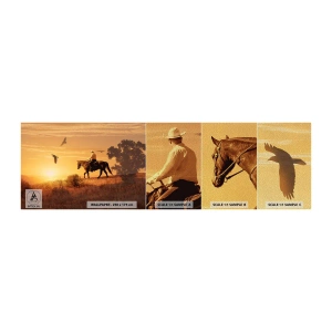 Fototapeten Muster Premium Sand - Allein durch die Prärie - Pferd, Cowboy, Landschaft - 100x30 cm