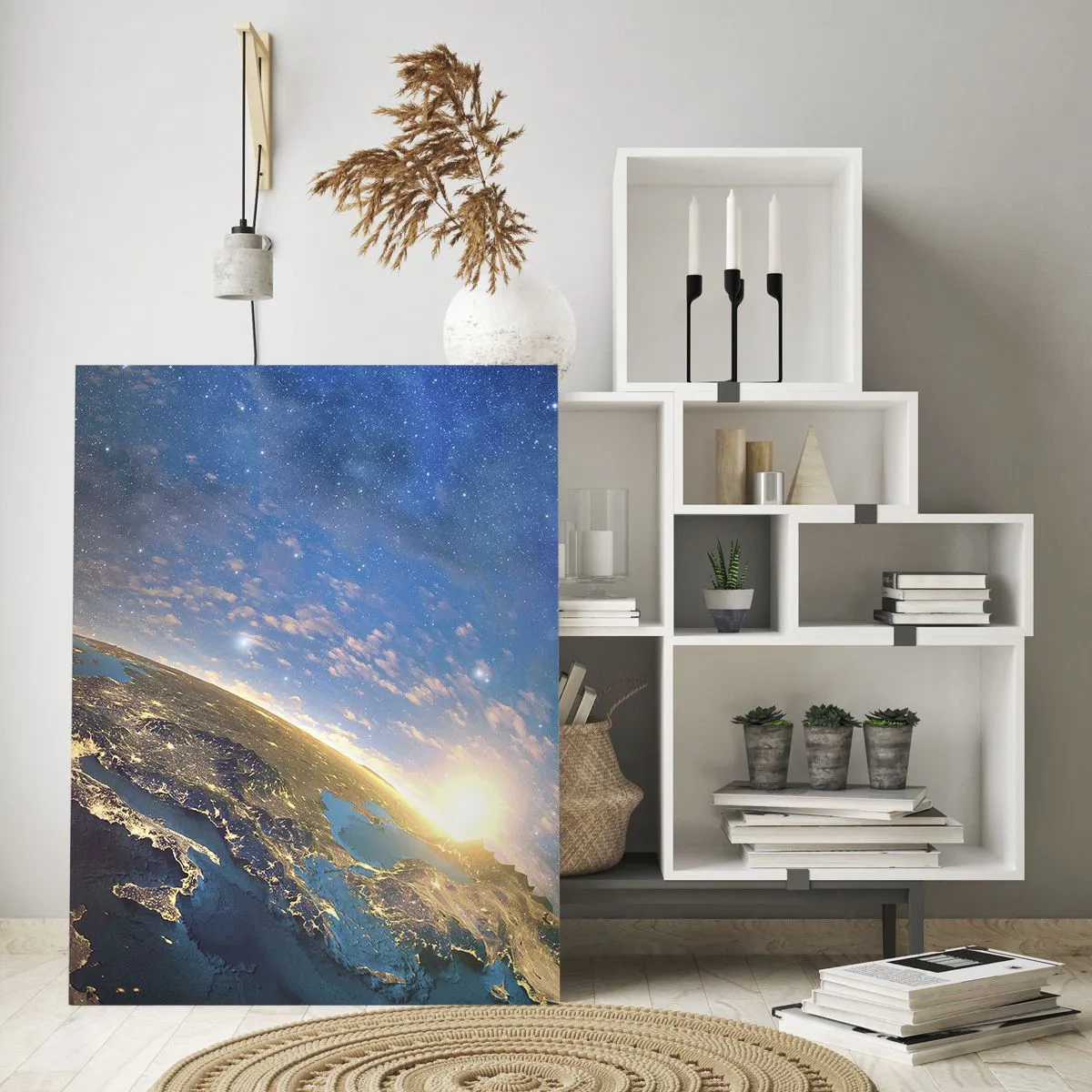 Glasbild - Bild auf glas - Ein Blick auf die Erde aus dem Weltraum mit sichtbarem Sonnenaufgang - 50x70cm - Schauen wir uns aus der Ferne an - Moderne Wanddekoration für Wohnzimmer und Schlafzimmer ARTTOR