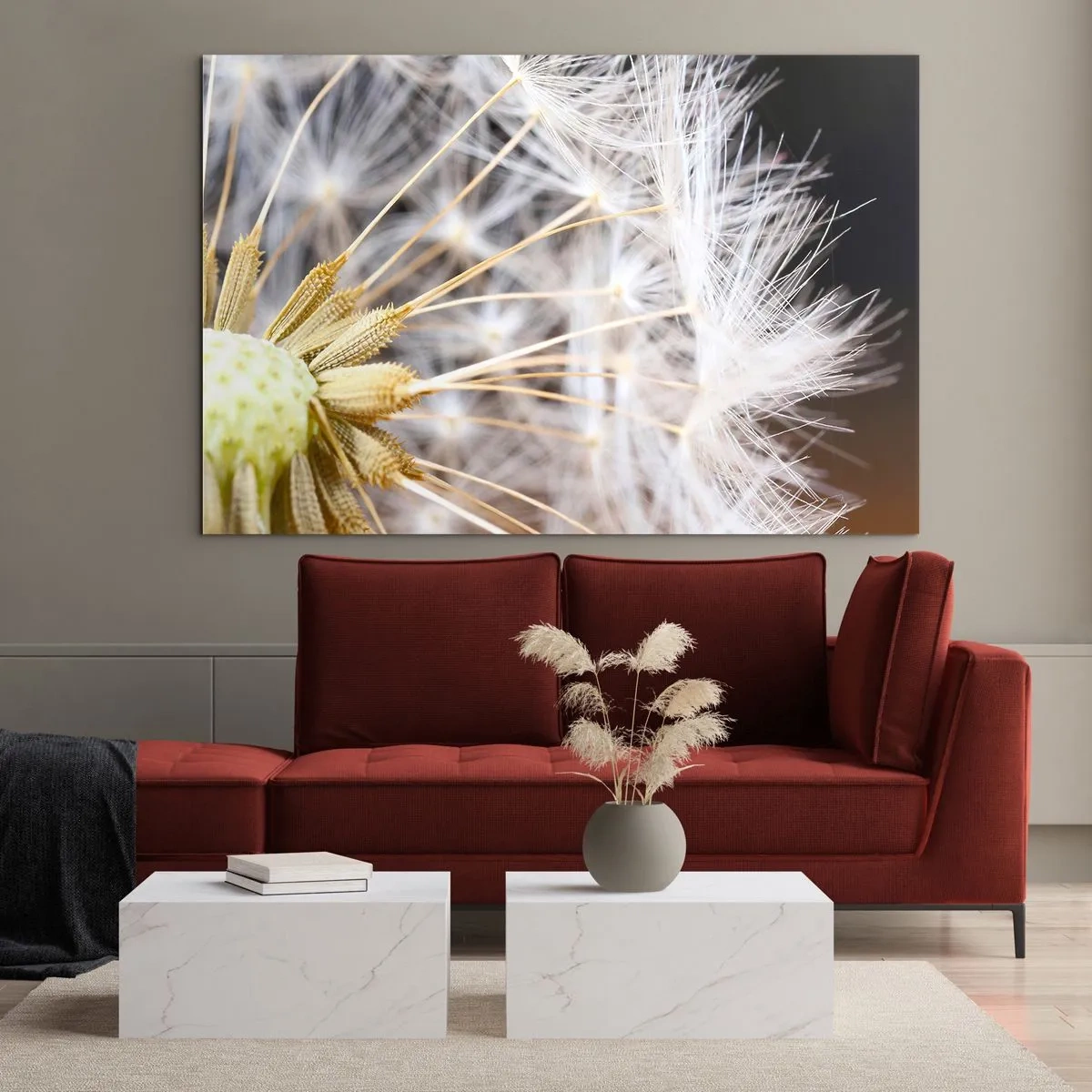 Glasbild - Bild auf glas - Nahaufnahme eines Löwenzahns mit zarten Samen - 70x50cm - Kurz vor dem Abflug - Moderne Wanddekoration für Wohnzimmer und Schlafzimmer ARTTOR