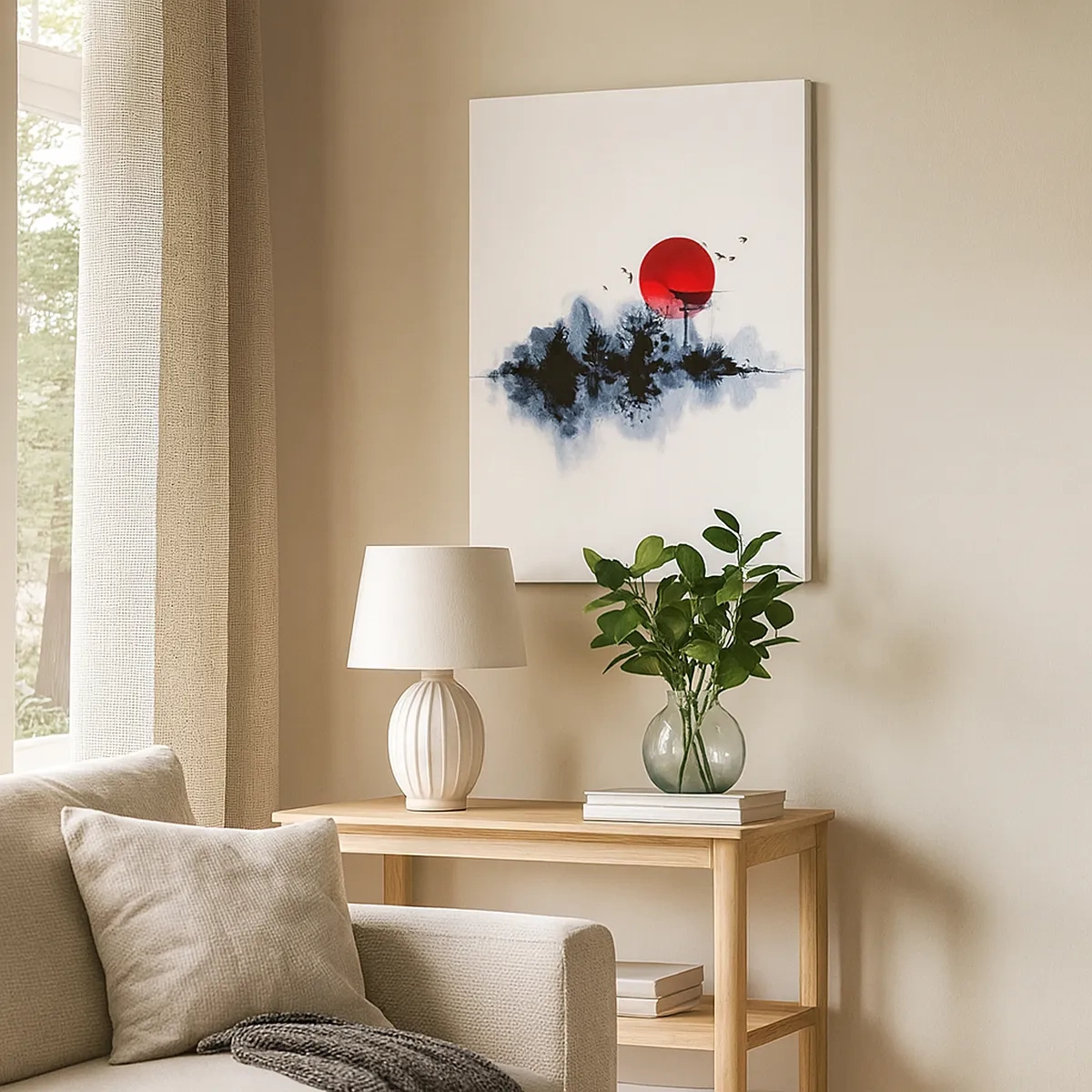 Bild auf Leinwand - Leinwandbild - Rote Sonne über einer malerischen Landschaft mit Torii - 50x70cm - Japanische Sicht - Moderne Wanddekoration für Wohnzimmer und Schlafzimmer ARTTOR