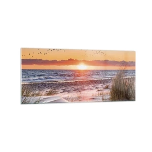 Glasbild - Bild auf glas - Sonnenuntergang über dem Meer mit Blick auf die Dünen - 120x50cm - Horizontale Landschaft - Moderne Wanddekoration für Wohnzimmer und Schlafzimmer ARTTOR