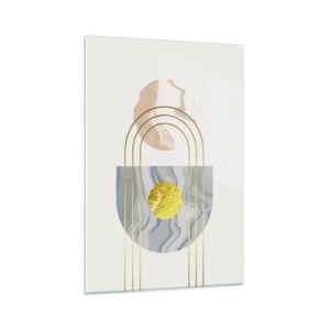 Glasbild - Bild auf glas - Abstrakte Komposition mit Kreisen und goldenen Linien auf hellem Hintergrund. - 70x100cm - Helligkeit und Brillanz - Moderne Wanddekoration für Wohnzimmer und Schlafzimmer ARTTOR