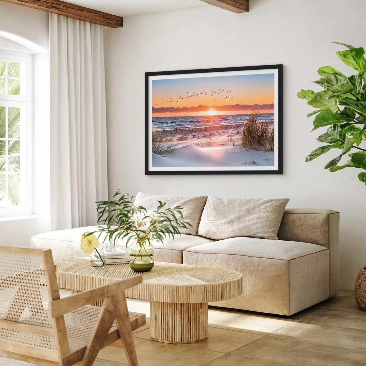 Poster in einem schwarzem Rahmen - Sonnenuntergang über dem Meer mit Blick auf die Dünen - 70x50cm - Horizontale Landschaft - Moderne Wanddekoration für Wohnzimmer und Schlafzimmer ARTTOR