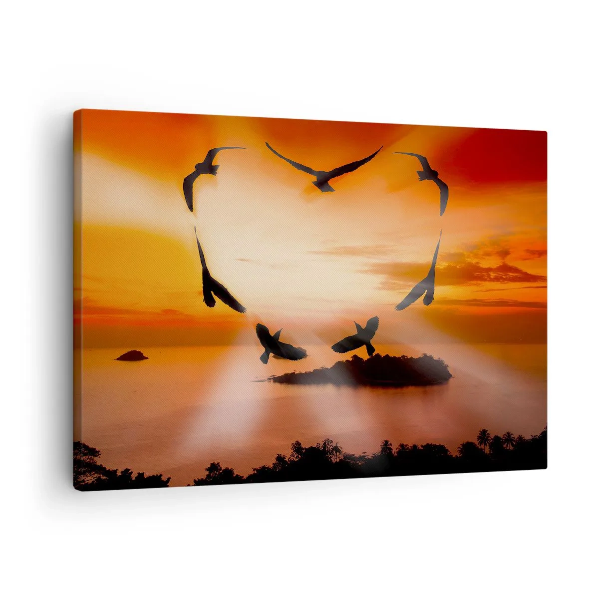 Bild auf Leinwand - Leinwandbild - Vögel bilden ein Herz vor dem Hintergrund der untergehenden Sonne - 70x50cm - Liebe die Welt wie Vögel - Moderne Wanddekoration für Wohnzimmer und Schlafzimmer ARTTOR