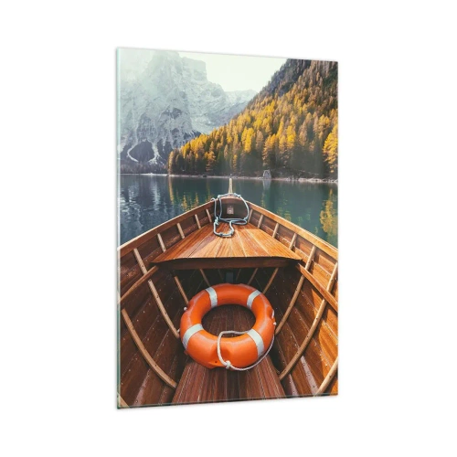 Glasbild - Bild auf glas - Ein Holzboot auf einem von Wald umgebenen Bergsee - 80x120cm - Bergreise - Moderne Wanddekoration für Wohnzimmer und Schlafzimmer ARTTOR