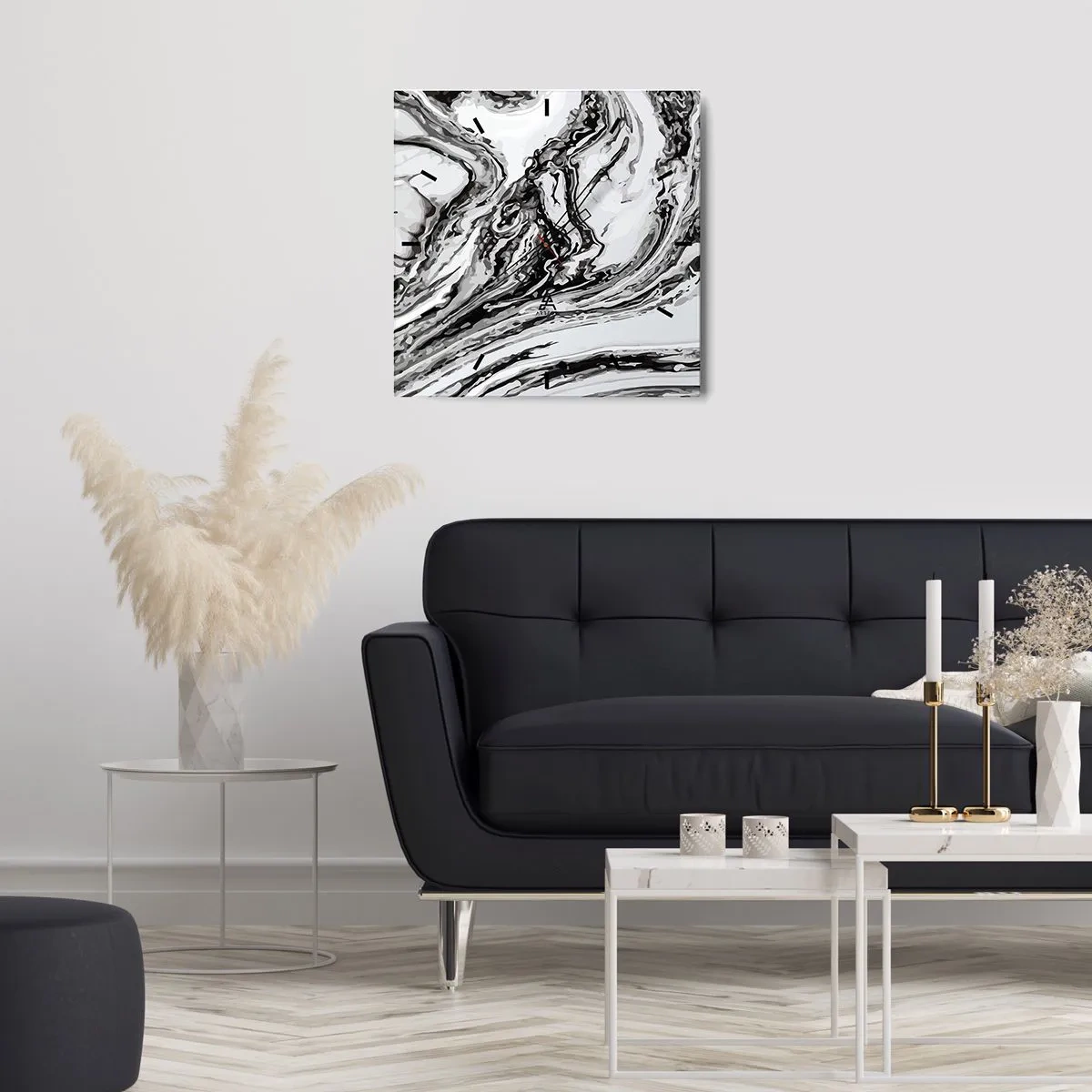 Wanduhr - Glasuhr - Abstraktes Marmormuster in Schwarz und Weiß - 30x30cm - Am Anfang war Chaos - Moderne Wanddekoration für Wohnzimmer und Schlafzimmer ARTTOR