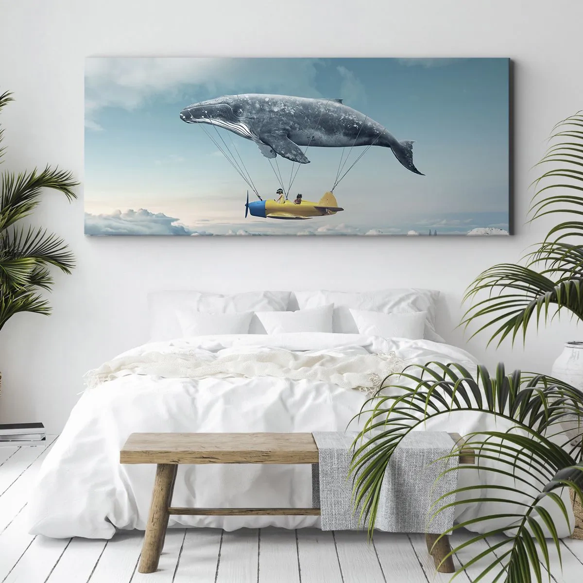 Bild auf Leinwand - Leinwandbild - Ein fliegender Wal trägt ein Flugzeug in einer surrealen Umgebung. - 140x50cm - Warum nicht? - Moderne Wanddekoration für Wohnzimmer und Schlafzimmer ARTTOR