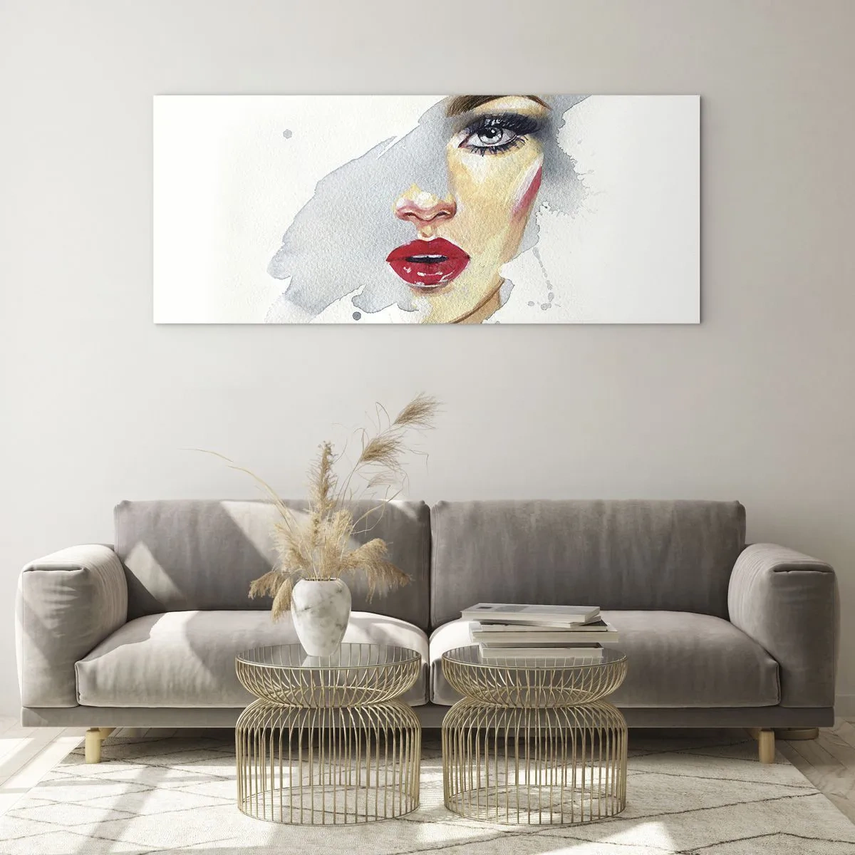 Glasbild - Bild auf glas - Ein Aquarellporträt einer Frau mit intensivem Blick. - 120x50cm - Abspiegeln in einem Wassertropfen - Moderne Wanddekoration für Wohnzimmer und Schlafzimmer ARTTOR