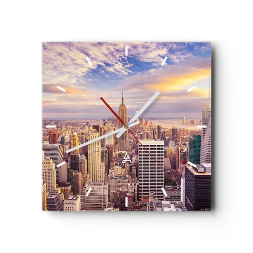 Wanduhr - Glasuhr - Panorama einer modernen Stadt mit Wolkenkratzern bei Sonnenuntergang - 30x30cm - Nur nach den Wolken greifen - Moderne Wanddekoration für Wohnzimmer und Schlafzimmer ARTTOR