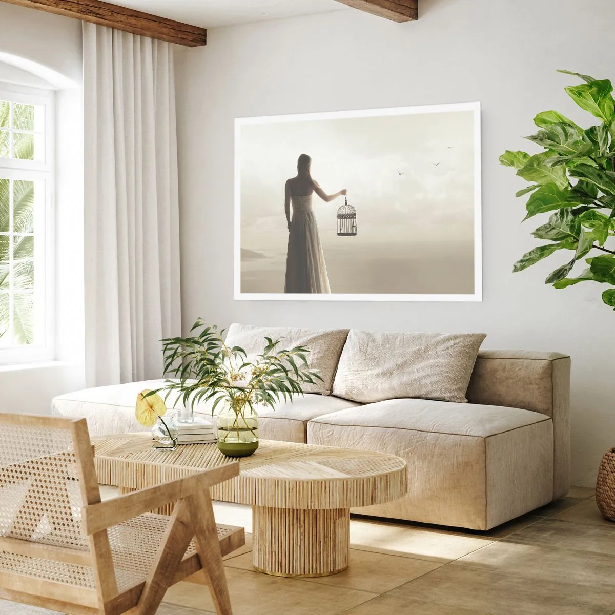 Poster - Eine Frau mit einem Käfig vor einem ruhigen Himmel - 100x70cm - Sei frei - Moderne Wanddekoration für Wohnzimmer und Schlafzimmer ARTTOR