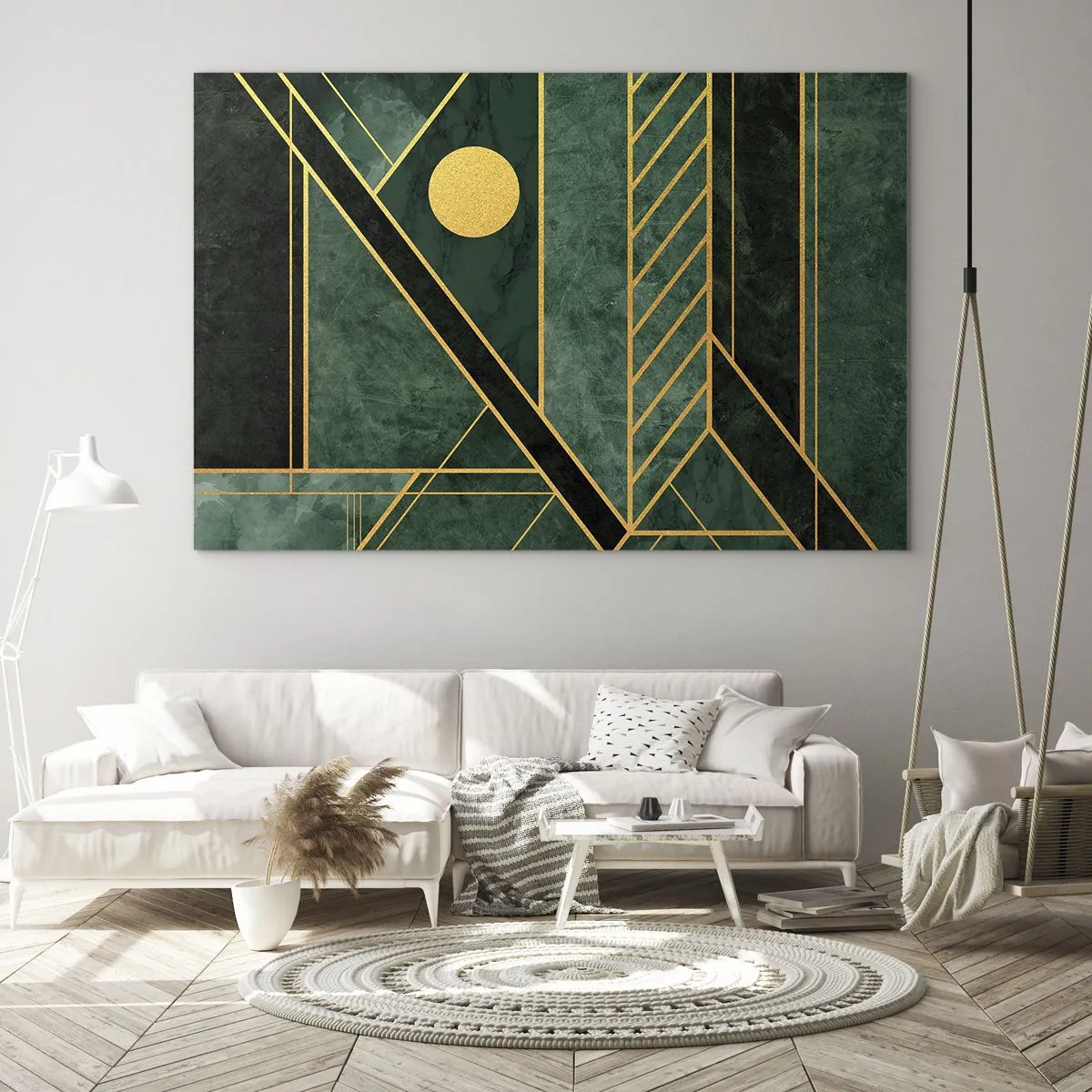 Glasbild - Bild auf glas - Grüne und goldene geometrische Abstraktion im Art-Deco-Stil - 100x70cm - Dynamik von Gold und Azurblau - Moderne Wanddekoration für Wohnzimmer und Schlafzimmer ARTTOR