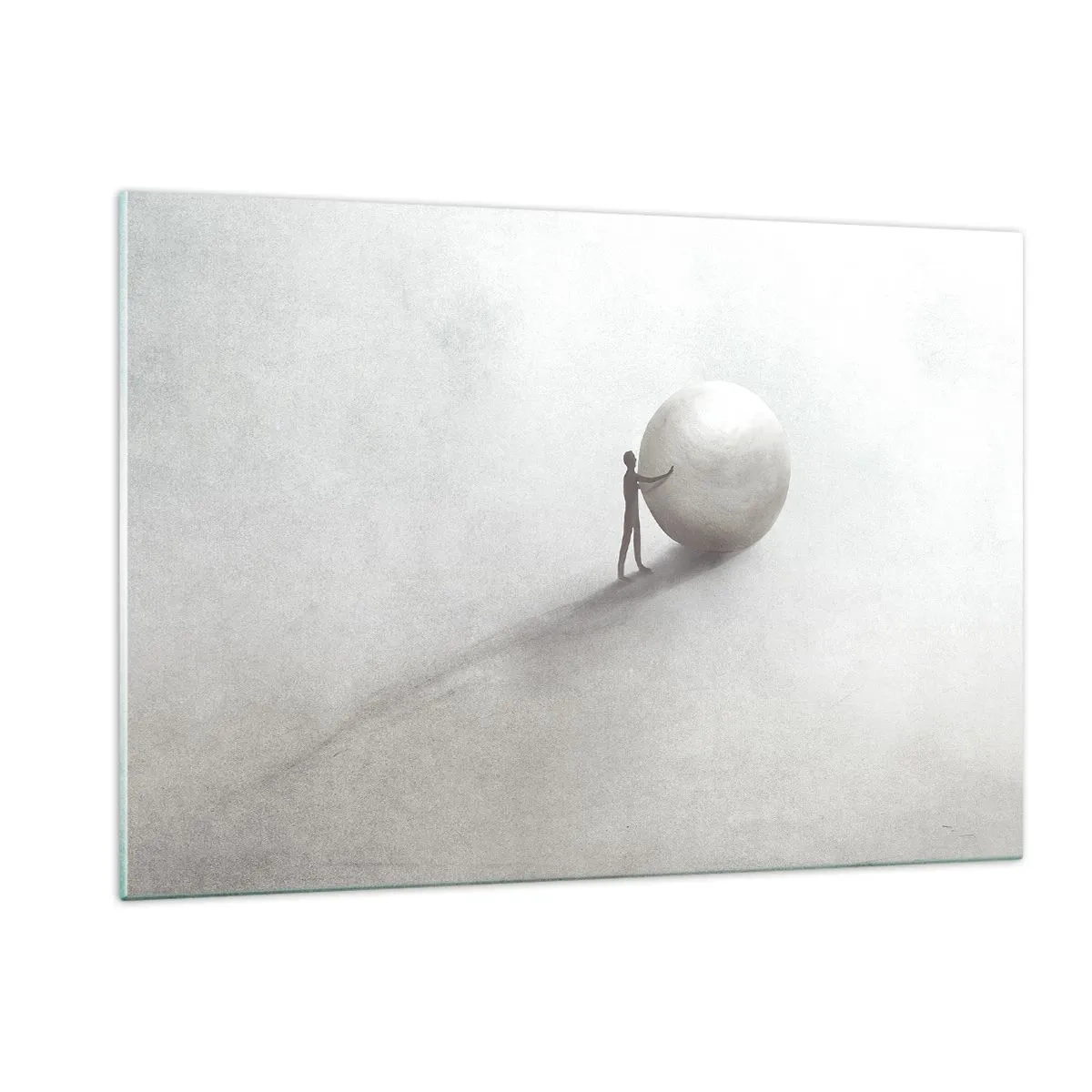 Glasbild - Bild auf glas - Eine minimalistische Silhouette eines Mannes mit einem großen Ball auf hellem Hintergrund. - 120x80cm - Das Spiel des Lebens - Moderne Wanddekoration für Wohnzimmer und Schlafzimmer ARTTOR