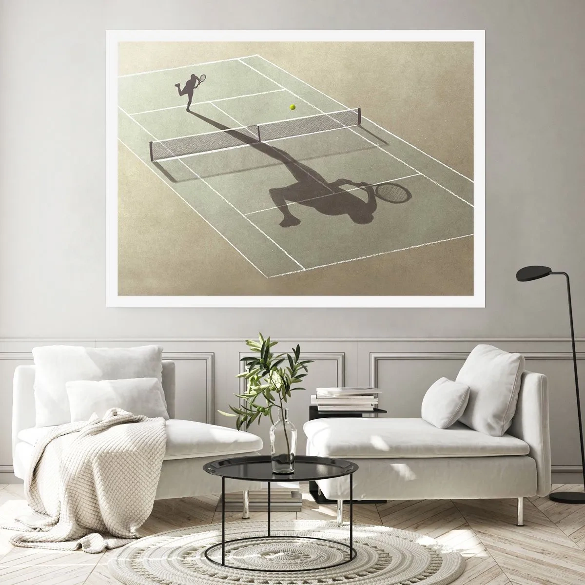 Poster - Der Schatten eines Tennisspielers auf dem Platz während eines Tennisspiels - 100x70cm - Überwinde dich selbst - Moderne Wanddekoration für Wohnzimmer und Schlafzimmer ARTTOR