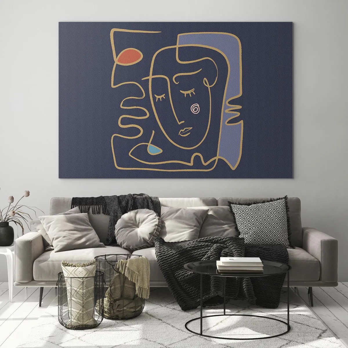 Glasbild - Bild auf glas - Abstraktes Gesicht im Umriss auf marineblauem Hintergrund - 70x50cm - In Gedanken - Moderne Wanddekoration für Wohnzimmer und Schlafzimmer ARTTOR