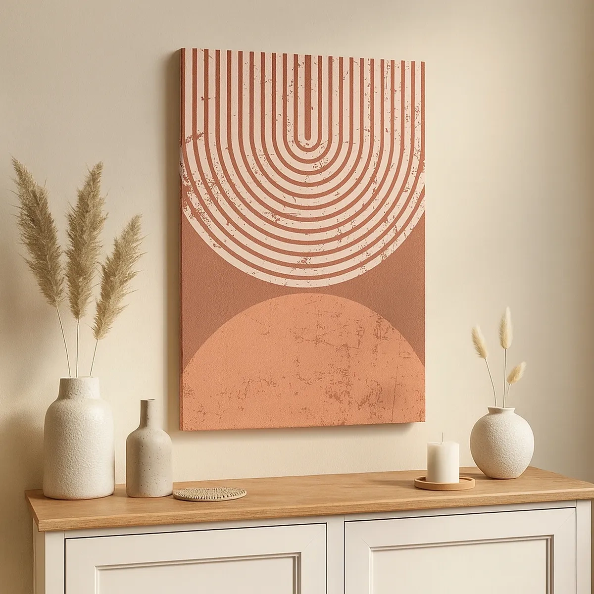 Bild auf Leinwand - Leinwandbild - Geometrische Muster in Terrakotta-Tönen auf Vintage-Hintergrund - 50x70cm - Enge Beziehung - Moderne Wanddekoration für Wohnzimmer und Schlafzimmer ARTTOR