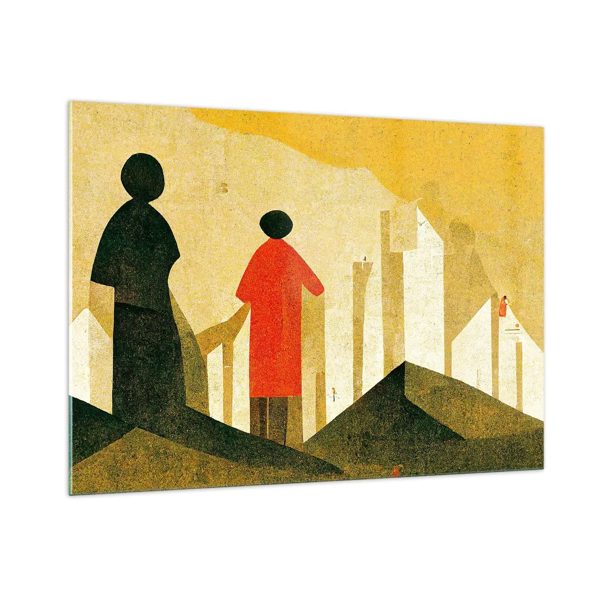 Glasbild - Bild auf glas - Geometrische Silhouetten von Figuren zwischen hohen Formen vor dem Hintergrund eines gelben Himmels - 100x70cm - Es ist noch ein langer Weg - Moderne Wanddekoration für Wohnzimmer und Schlafzimmer ARTTOR