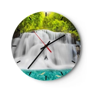 Wanduhr - Glasuhr - Ein Wasserfall, umgeben von Grün mit türkisfarbenem Wasser am Fuße - 30x30cm - Eine schaumige Kaskade von grün bis azurblau - Moderne Wanddekoration für Wohnzimmer, Küche und Schlafzimmer ARTTOR