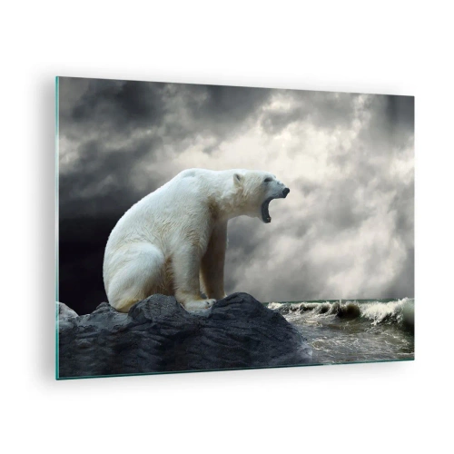 Glasbild - Bild auf glas - Ein Eisbär vor einem stürmischen Himmel - 70x50cm - Der einsame König der Arktis - Moderne Wanddekoration für Wohnzimmer und Schlafzimmer ARTTOR