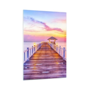 Glasbild - Bild auf glas - Ein Pier über dem Wasser bei Sonnenuntergang in Pastellfarben - 70x100cm - Die lila-goldene Stille des Abends - Moderne Wanddekoration für Wohnzimmer und Schlafzimmer ARTTOR