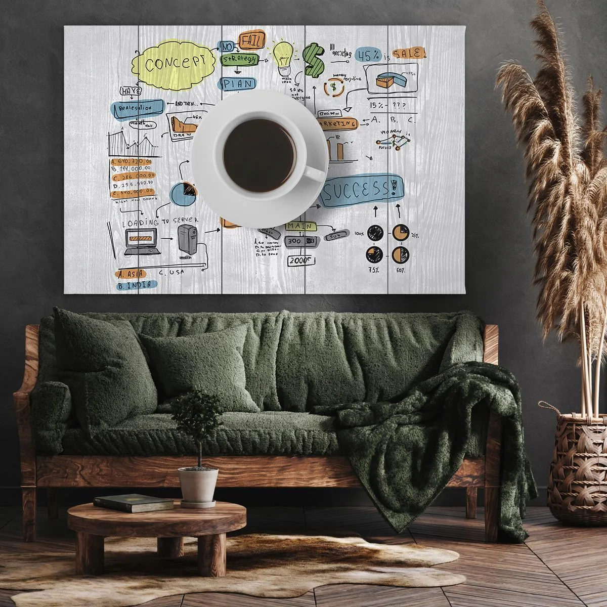 Bild auf Leinwand - Leinwandbild - Eine Tasse Kaffee vor dem Hintergrund einer konzeptionellen Zeichnung - 120x80cm - Zeit für eine Pause - Moderne Wanddekoration für Wohnzimmer und Schlafzimmer ARTTOR